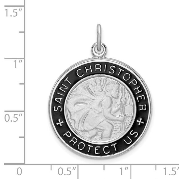 Sterling Silver Rhodium-Plated Blk Enamel St Christopher Pendant, 24mm